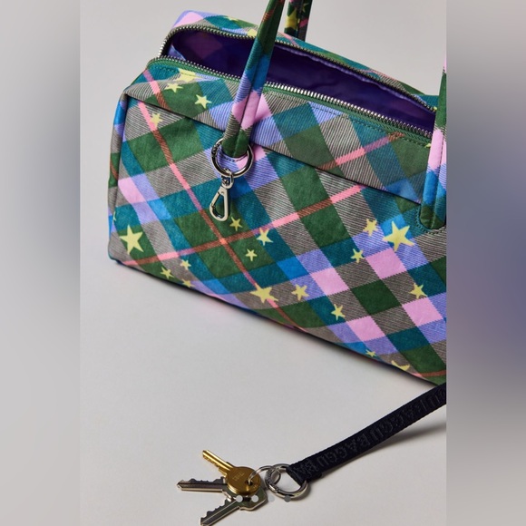 NWT BAGGU Nylon Bowler Bag Green Star Plaid - Picture 10 of 11